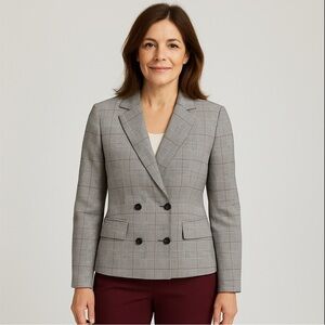 Etcetera gray, black, and burgundy window pane and plaid double-breasted jacket